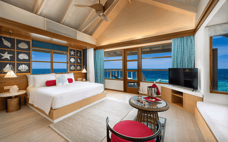 oblu select lobigili sunnest water villa with pool bedroom interior with view compressed