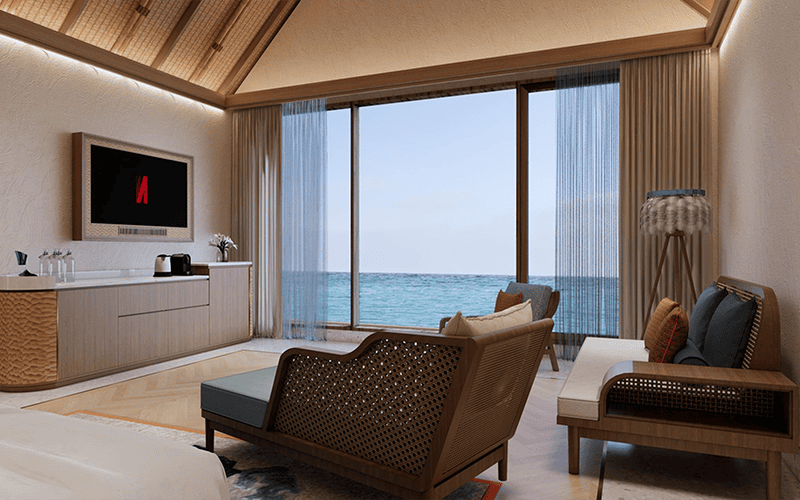 rah gili maldives sunset family pool water villa with slide kids master bedroom 03 v2